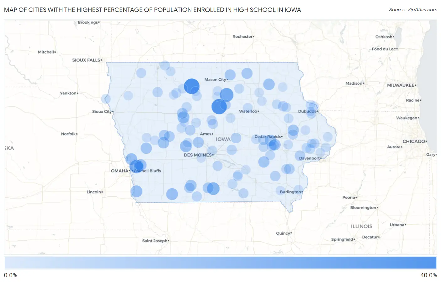 Cities with the Highest Percentage of Population Enrolled in High School in Iowa Map
