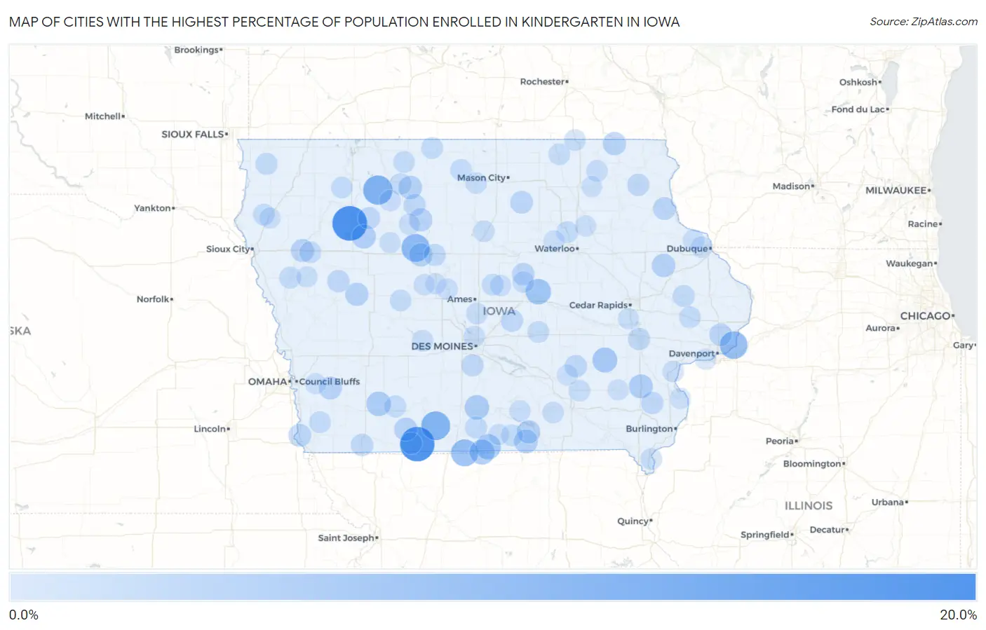 Cities with the Highest Percentage of Population Enrolled in Kindergarten in Iowa Map