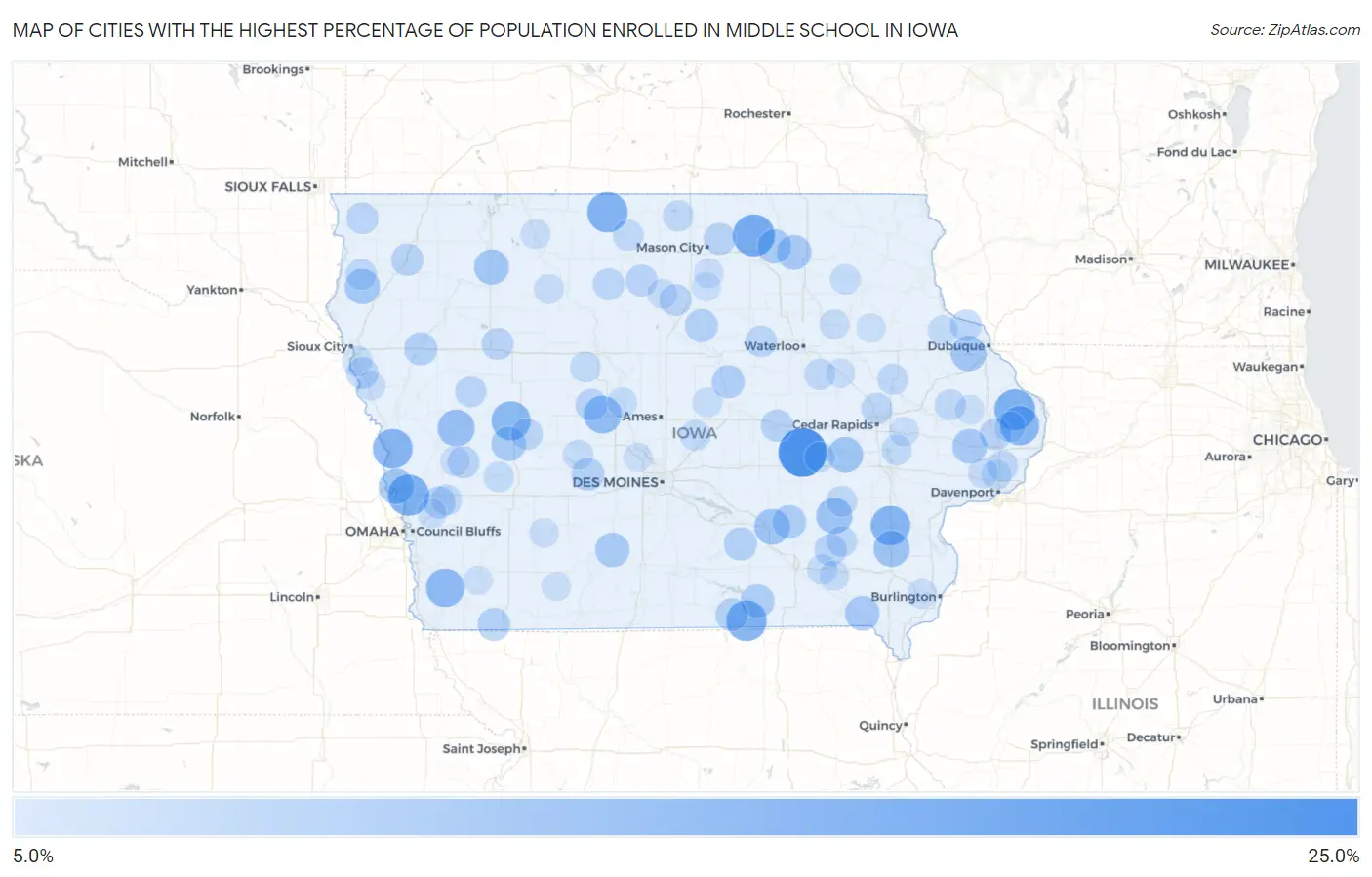 Cities with the Highest Percentage of Population Enrolled in Middle School in Iowa Map