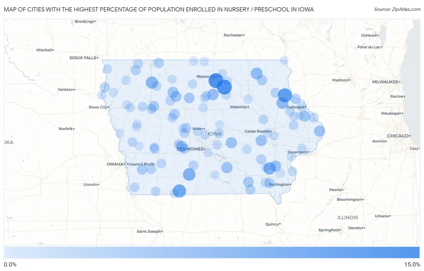 Cities with the Highest Percentage of Population Enrolled in Nursery / Preschool in Iowa Map