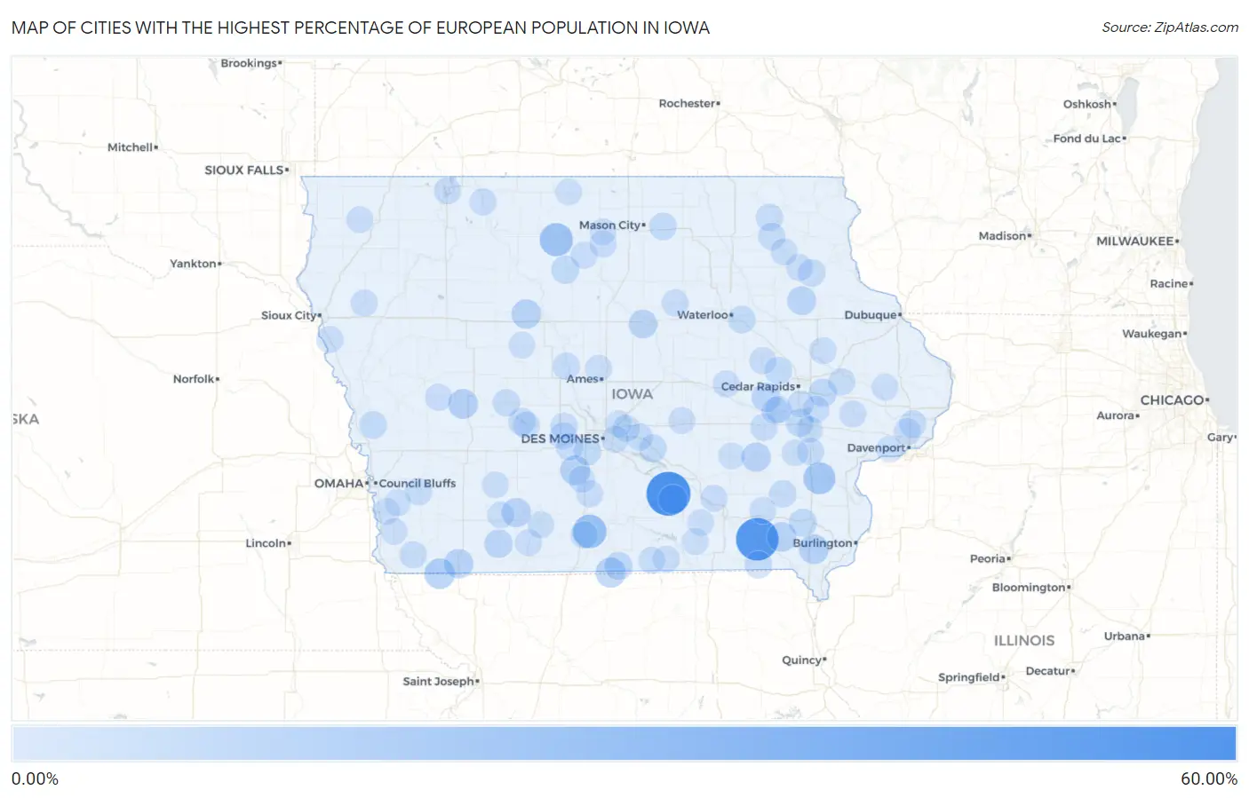 Cities with the Highest Percentage of European Population in Iowa Map