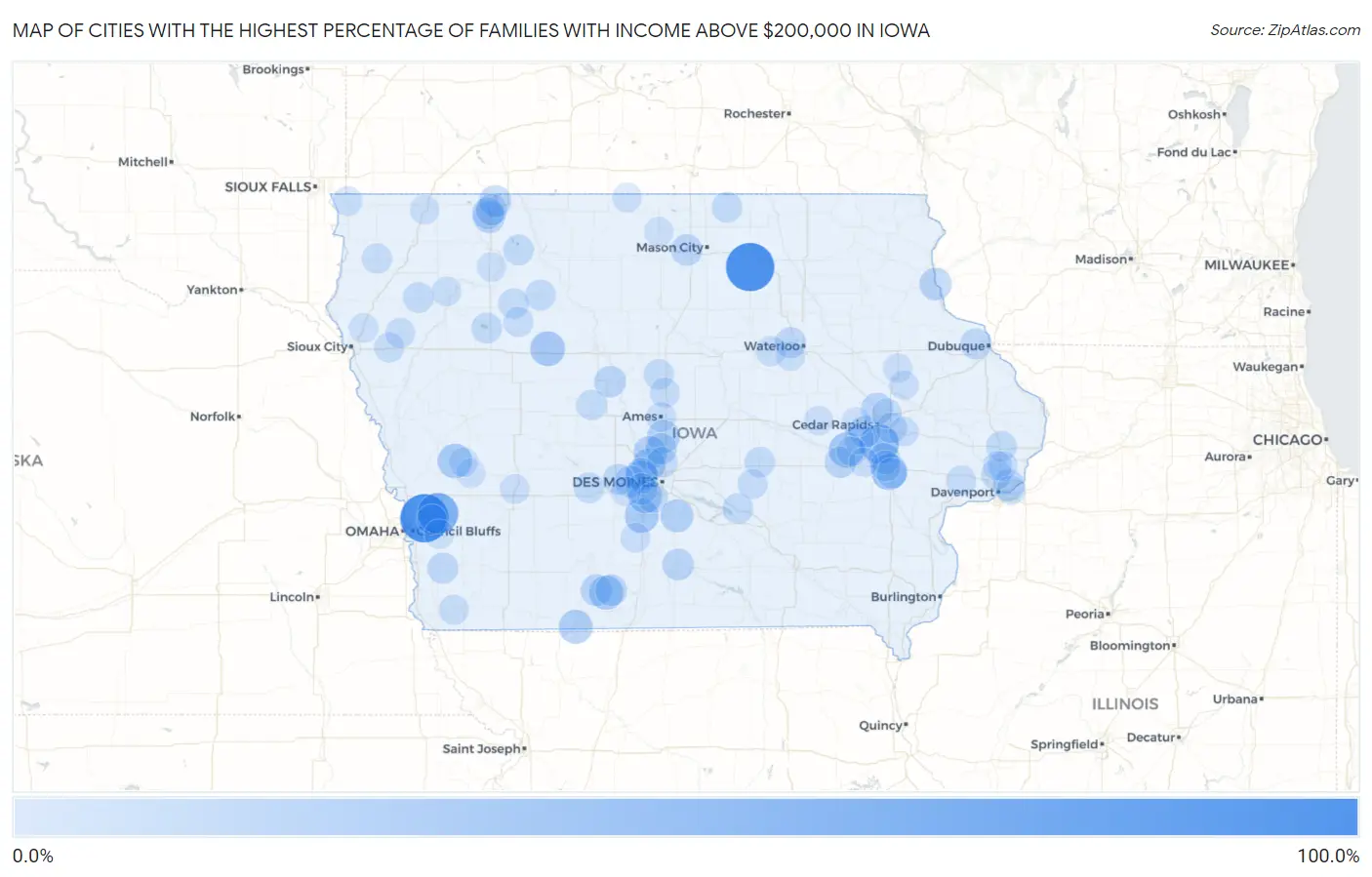 Cities with the Highest Percentage of Families with Income Above $200,000 in Iowa Map