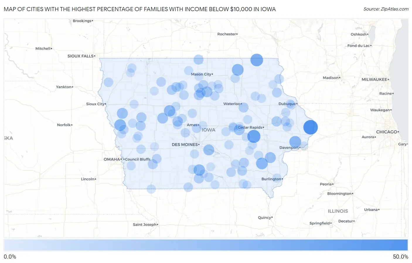 Cities with the Highest Percentage of Families with Income Below $10,000 in Iowa Map