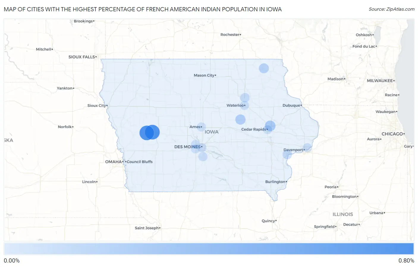 Cities with the Highest Percentage of French American Indian Population in Iowa Map