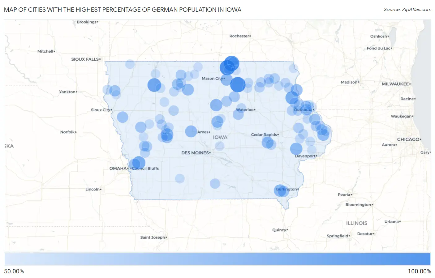 Cities with the Highest Percentage of German Population in Iowa Map