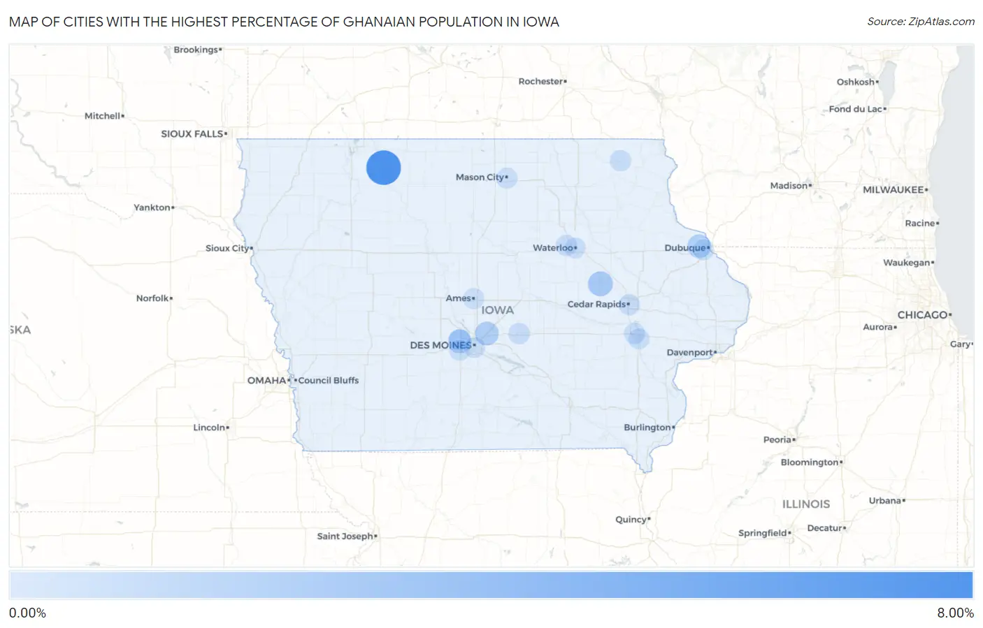 Cities with the Highest Percentage of Ghanaian Population in Iowa Map