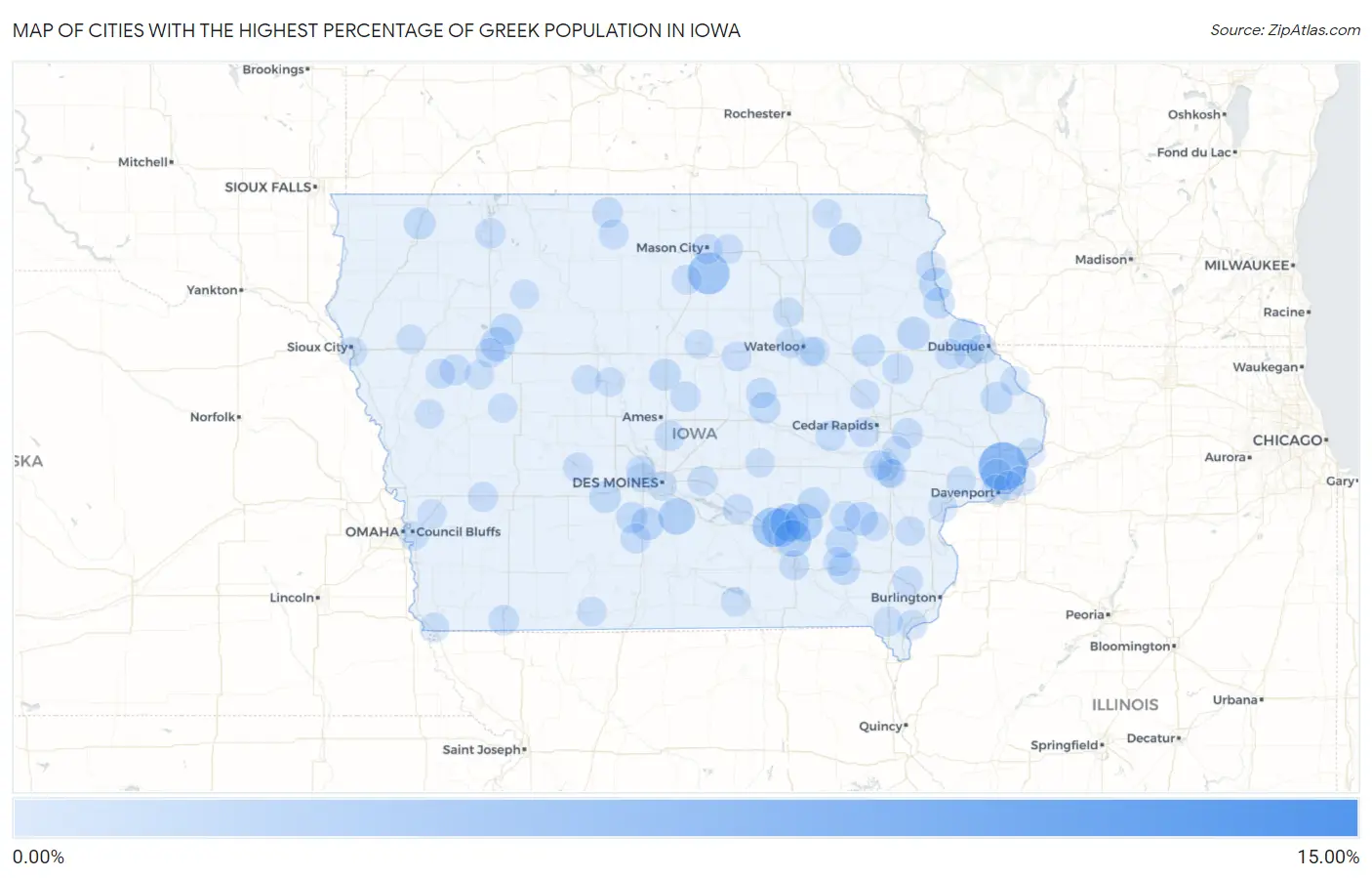 Cities with the Highest Percentage of Greek Population in Iowa Map