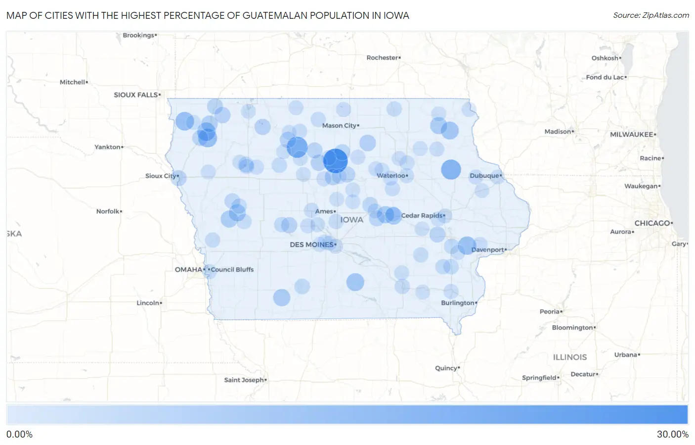 Cities with the Highest Percentage of Guatemalan Population in Iowa Map