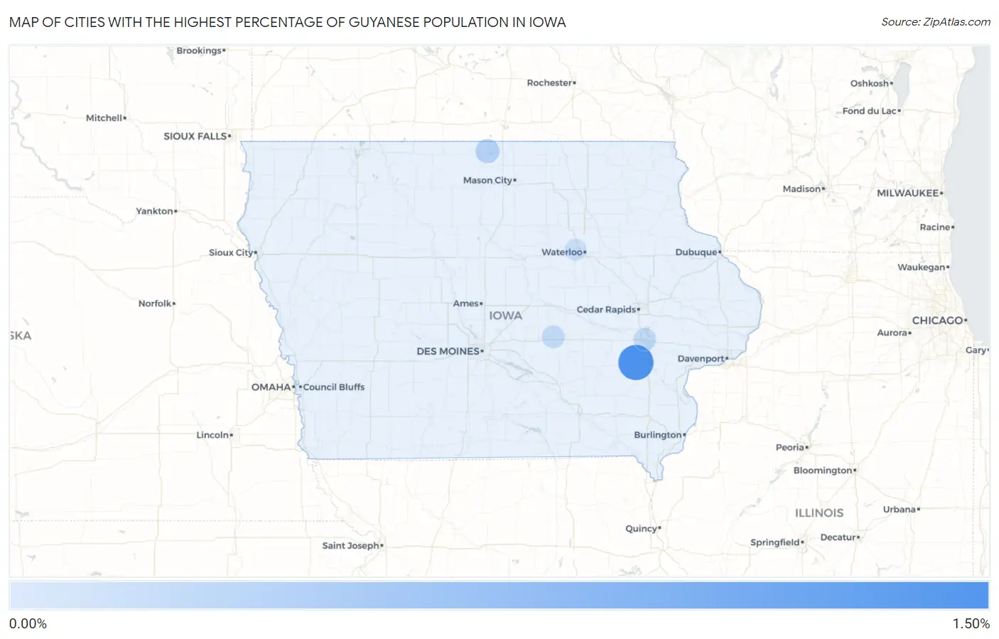 Cities with the Highest Percentage of Guyanese Population in Iowa Map