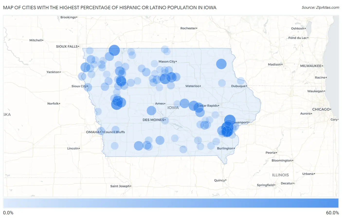 Cities with the Highest Percentage of Hispanic or Latino Population in Iowa Map