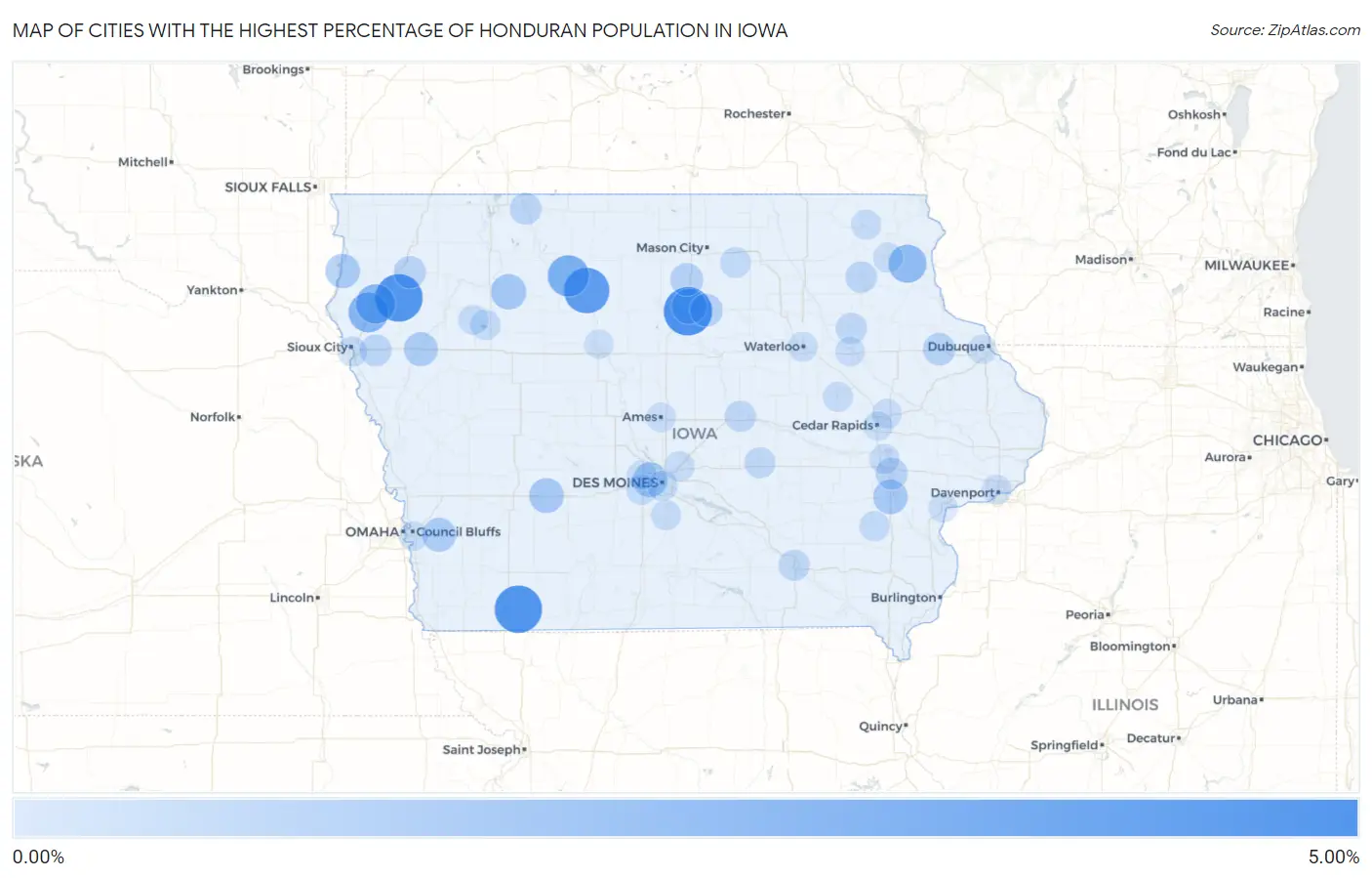 Cities with the Highest Percentage of Honduran Population in Iowa Map