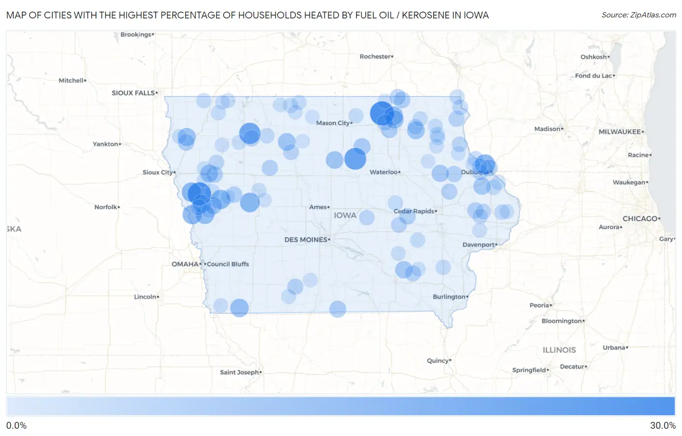 Cities with the Highest Percentage of Households Heated by Fuel Oil / Kerosene in Iowa Map