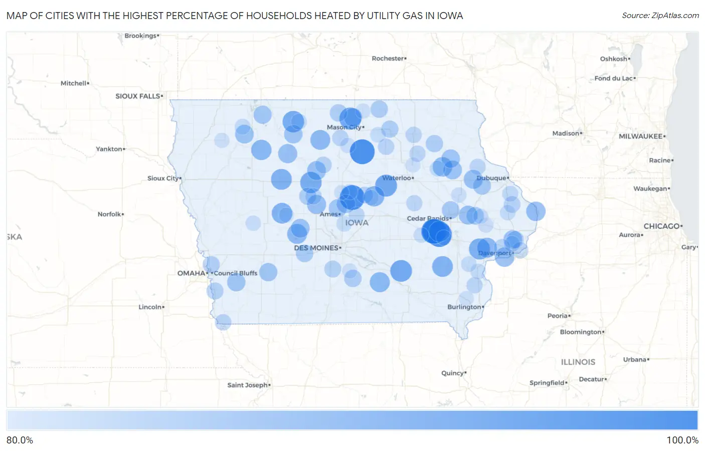 Cities with the Highest Percentage of Households Heated by Utility Gas in Iowa Map
