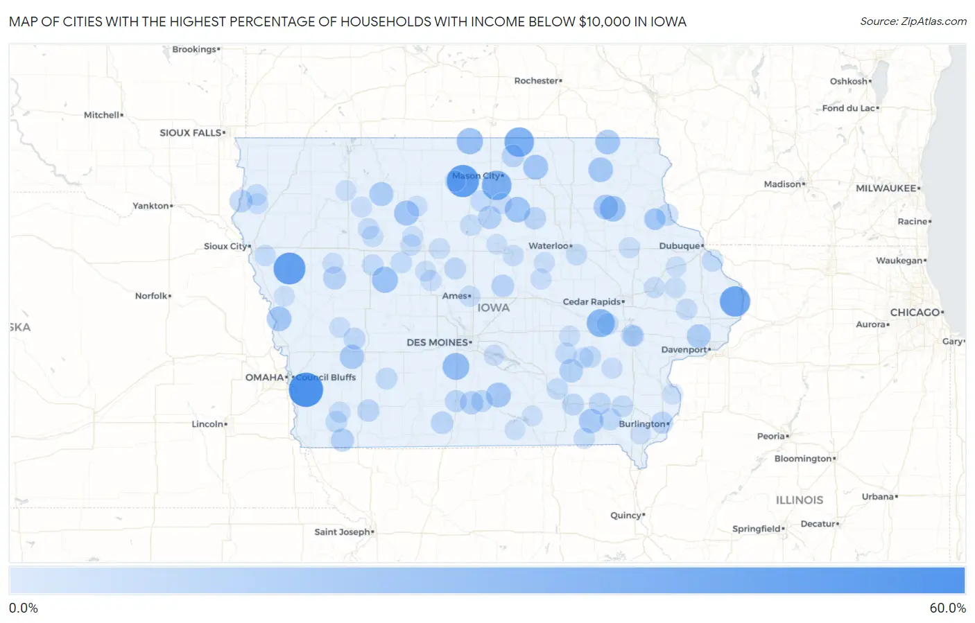 Cities with the Highest Percentage of Households with Income Below $10,000 in Iowa Map