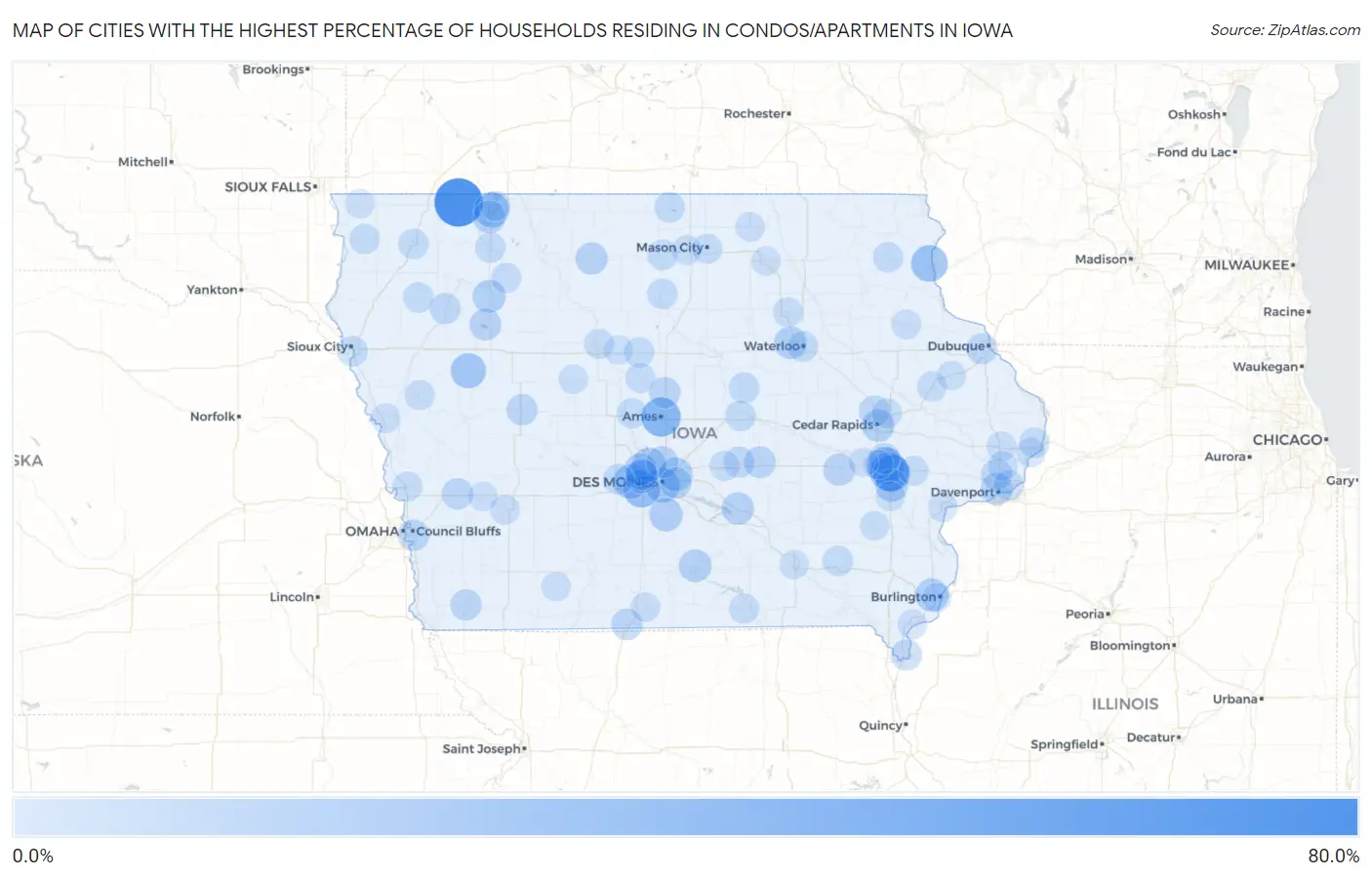 Cities with the Highest Percentage of Households Residing in Condos/Apartments in Iowa Map