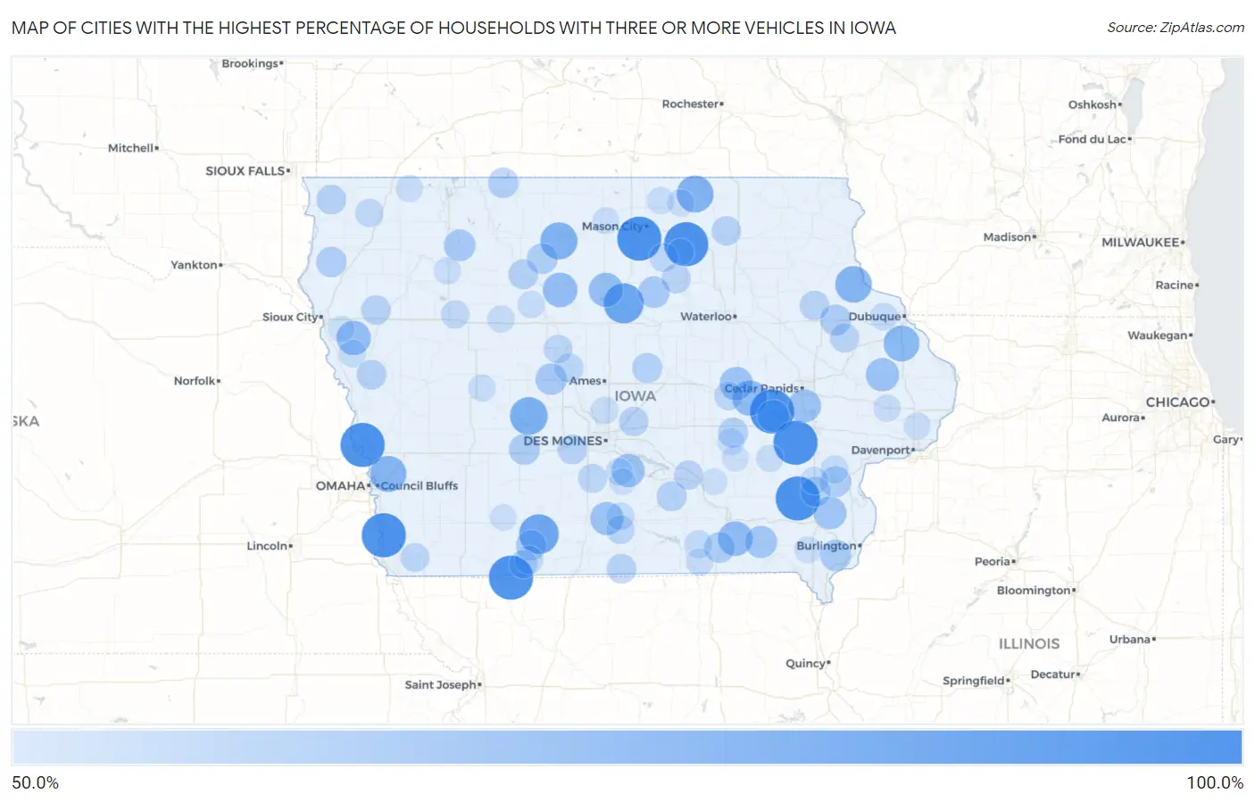 Cities with the Highest Percentage of Households With Three or more Vehicles in Iowa Map