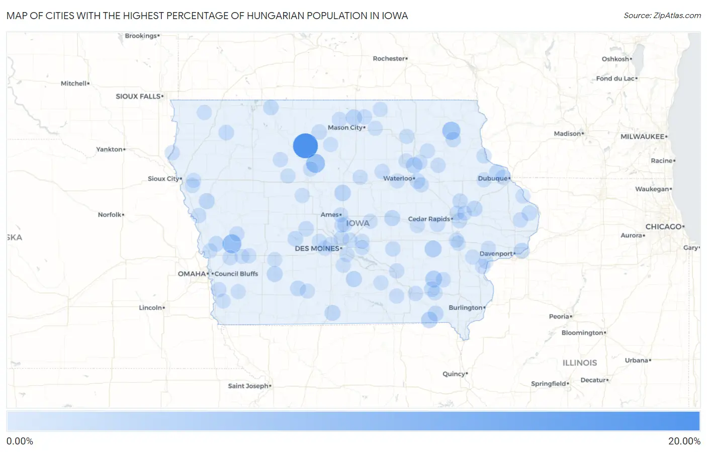 Cities with the Highest Percentage of Hungarian Population in Iowa Map