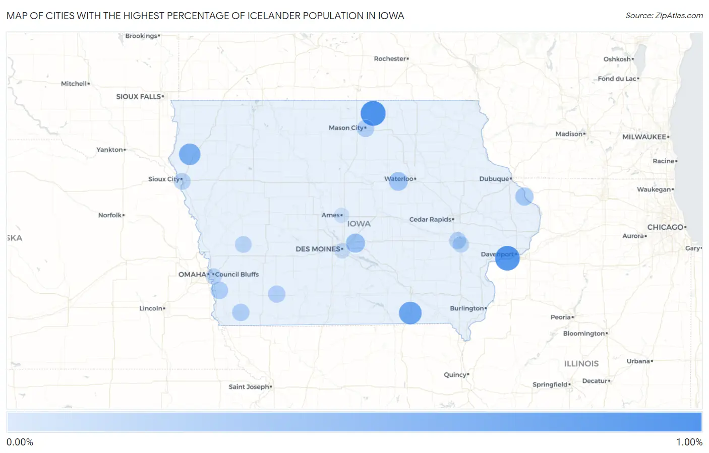 Cities with the Highest Percentage of Icelander Population in Iowa Map