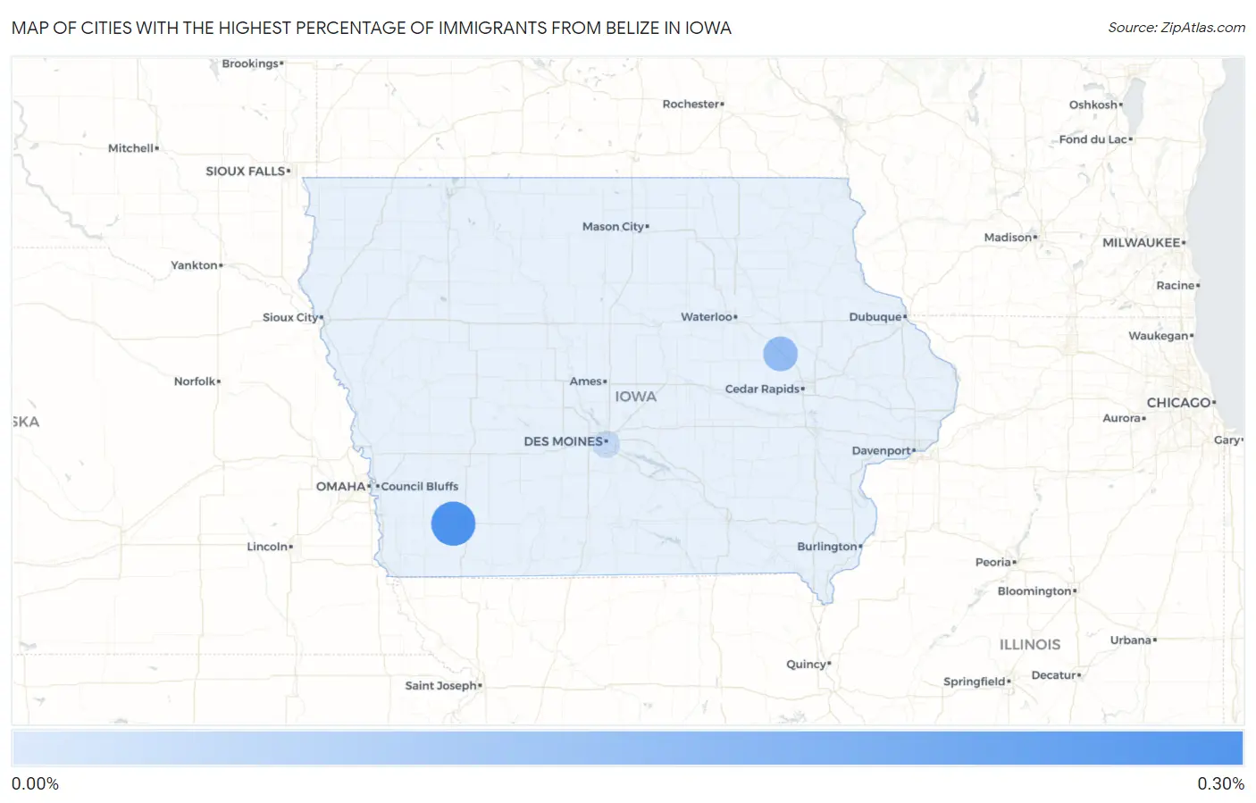 Cities with the Highest Percentage of Immigrants from Belize in Iowa Map