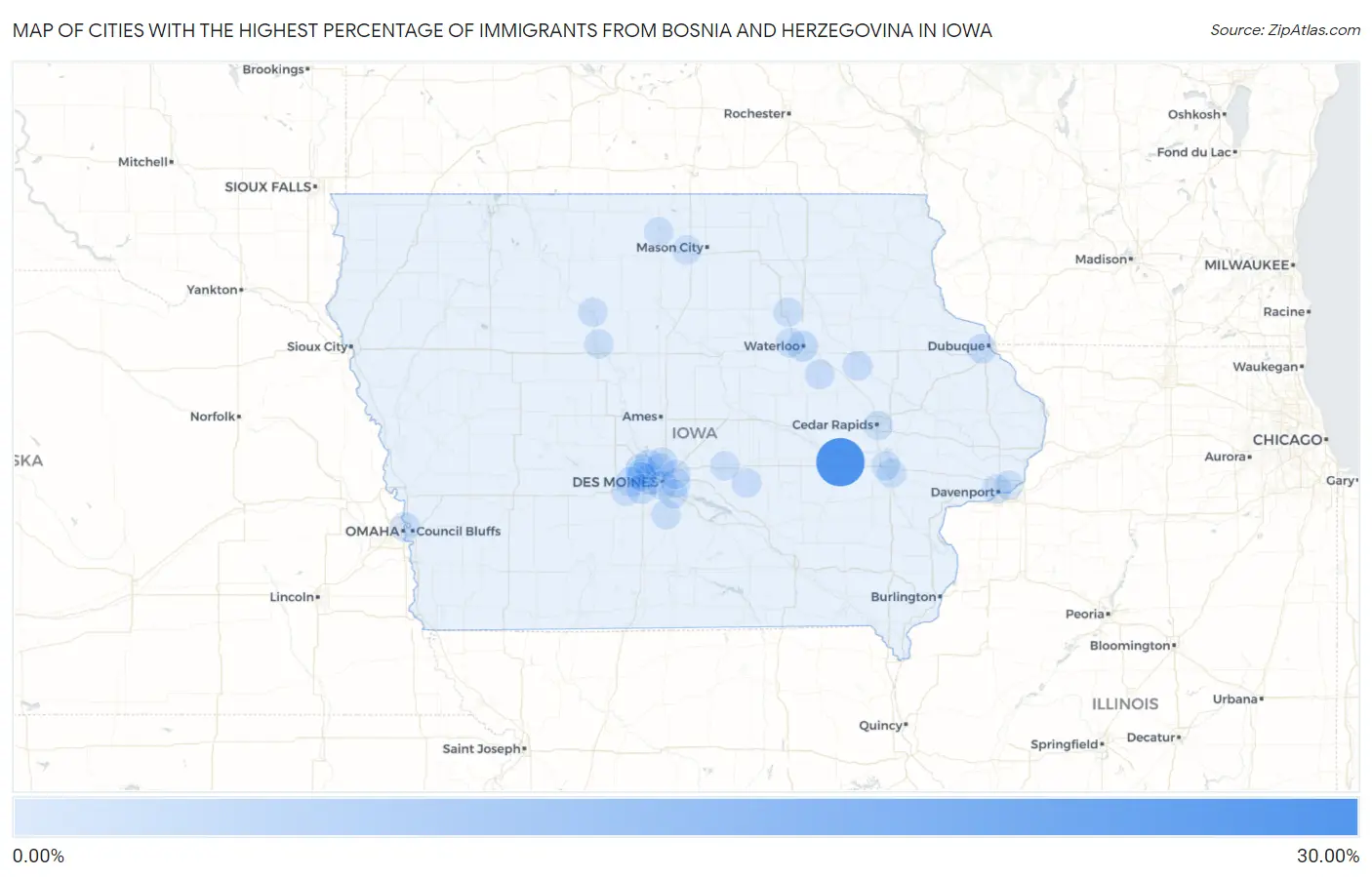 Cities with the Highest Percentage of Immigrants from Bosnia and Herzegovina in Iowa Map