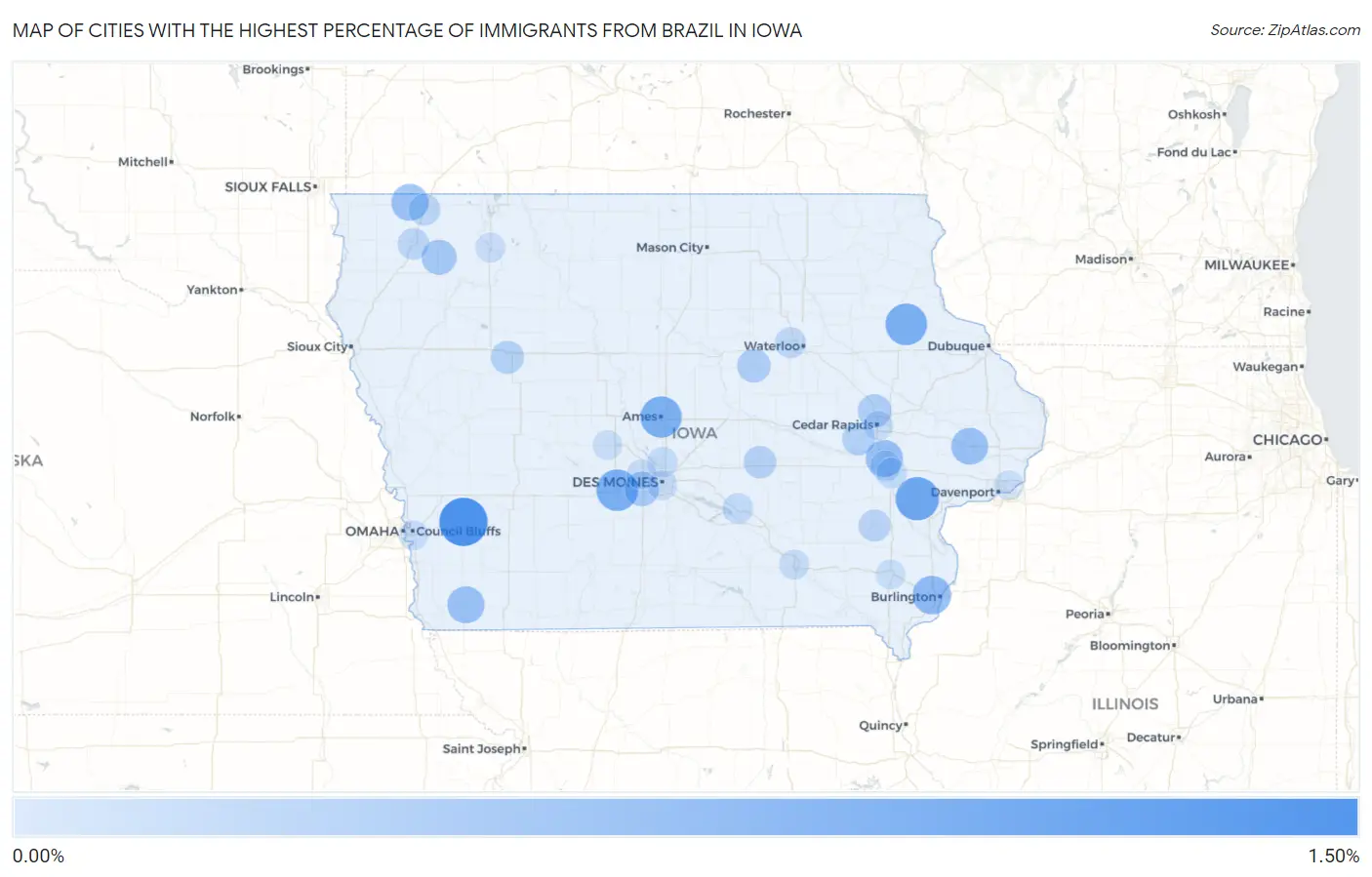 Cities with the Highest Percentage of Immigrants from Brazil in Iowa Map
