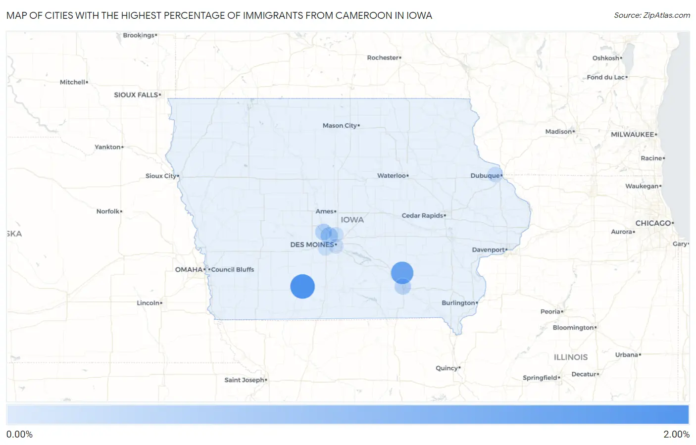 Cities with the Highest Percentage of Immigrants from Cameroon in Iowa Map