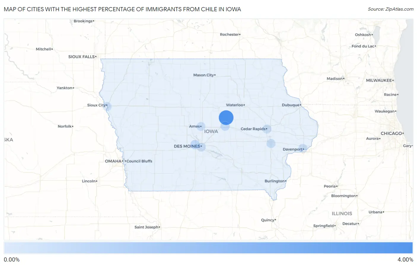 Cities with the Highest Percentage of Immigrants from Chile in Iowa Map