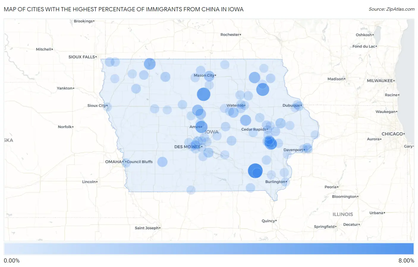 Cities with the Highest Percentage of Immigrants from China in Iowa Map