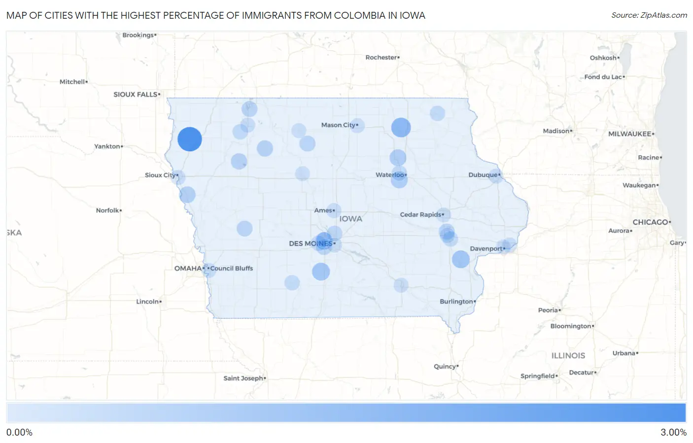 Cities with the Highest Percentage of Immigrants from Colombia in Iowa Map