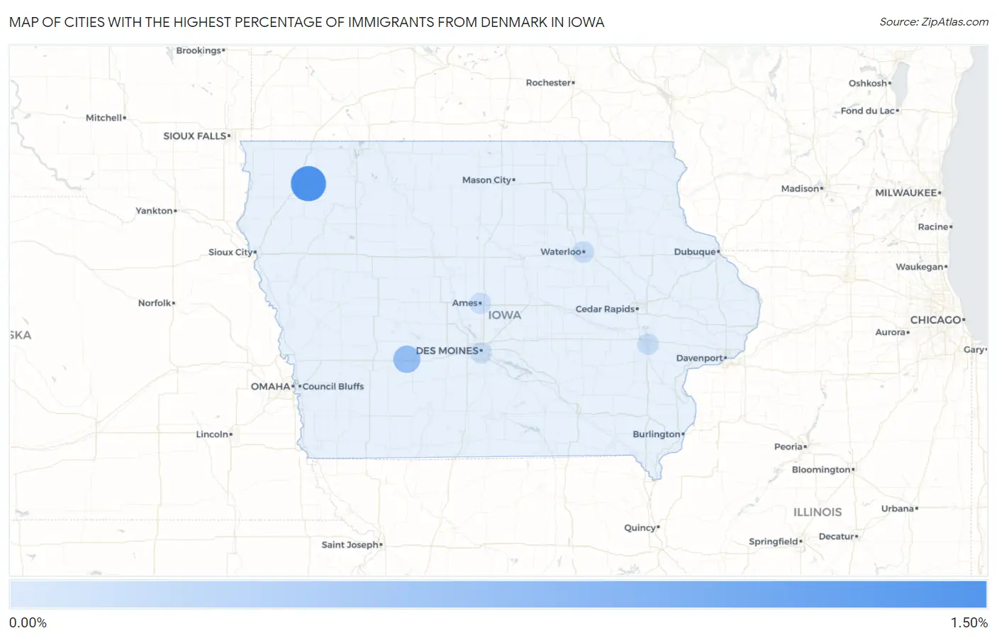 Cities with the Highest Percentage of Immigrants from Denmark in Iowa Map