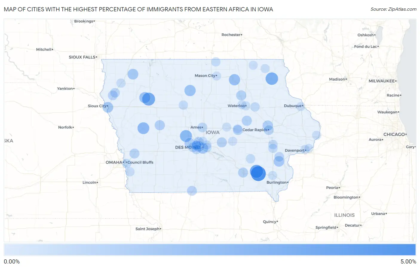 Cities with the Highest Percentage of Immigrants from Eastern Africa in Iowa Map