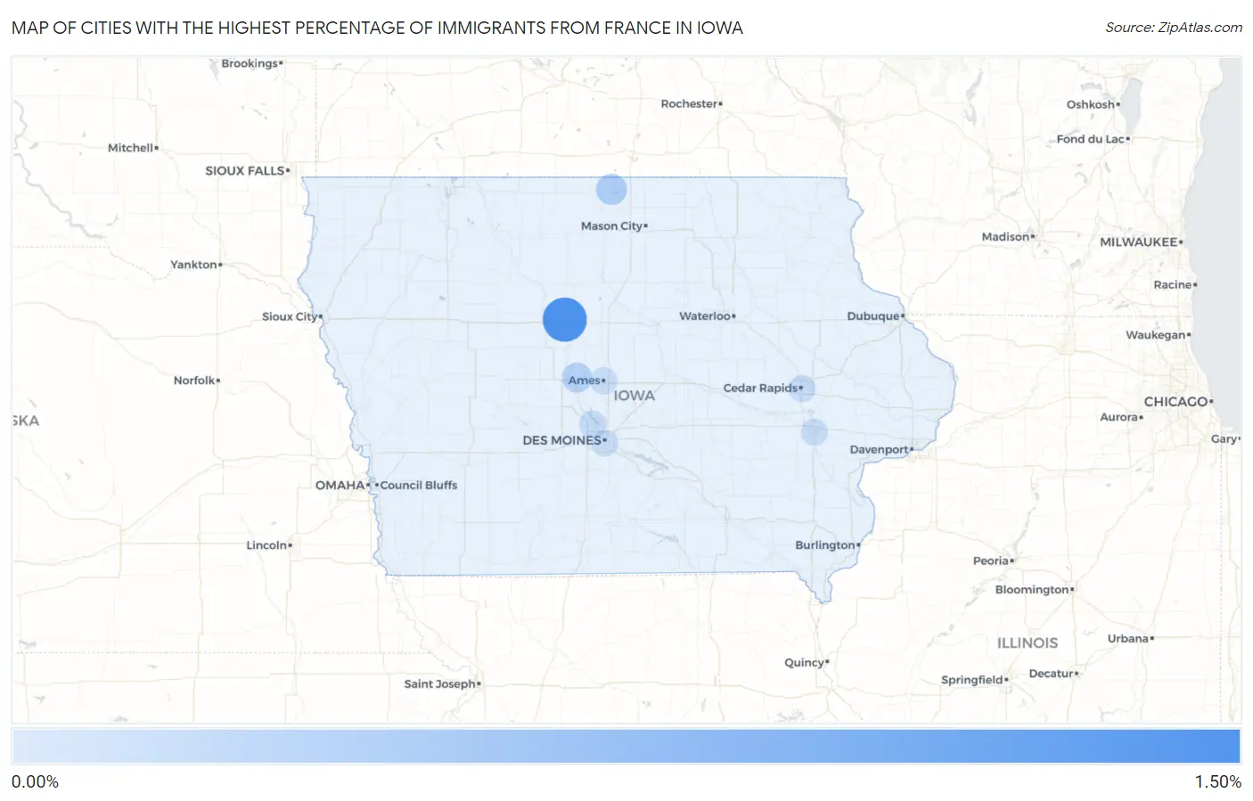Cities with the Highest Percentage of Immigrants from France in Iowa Map