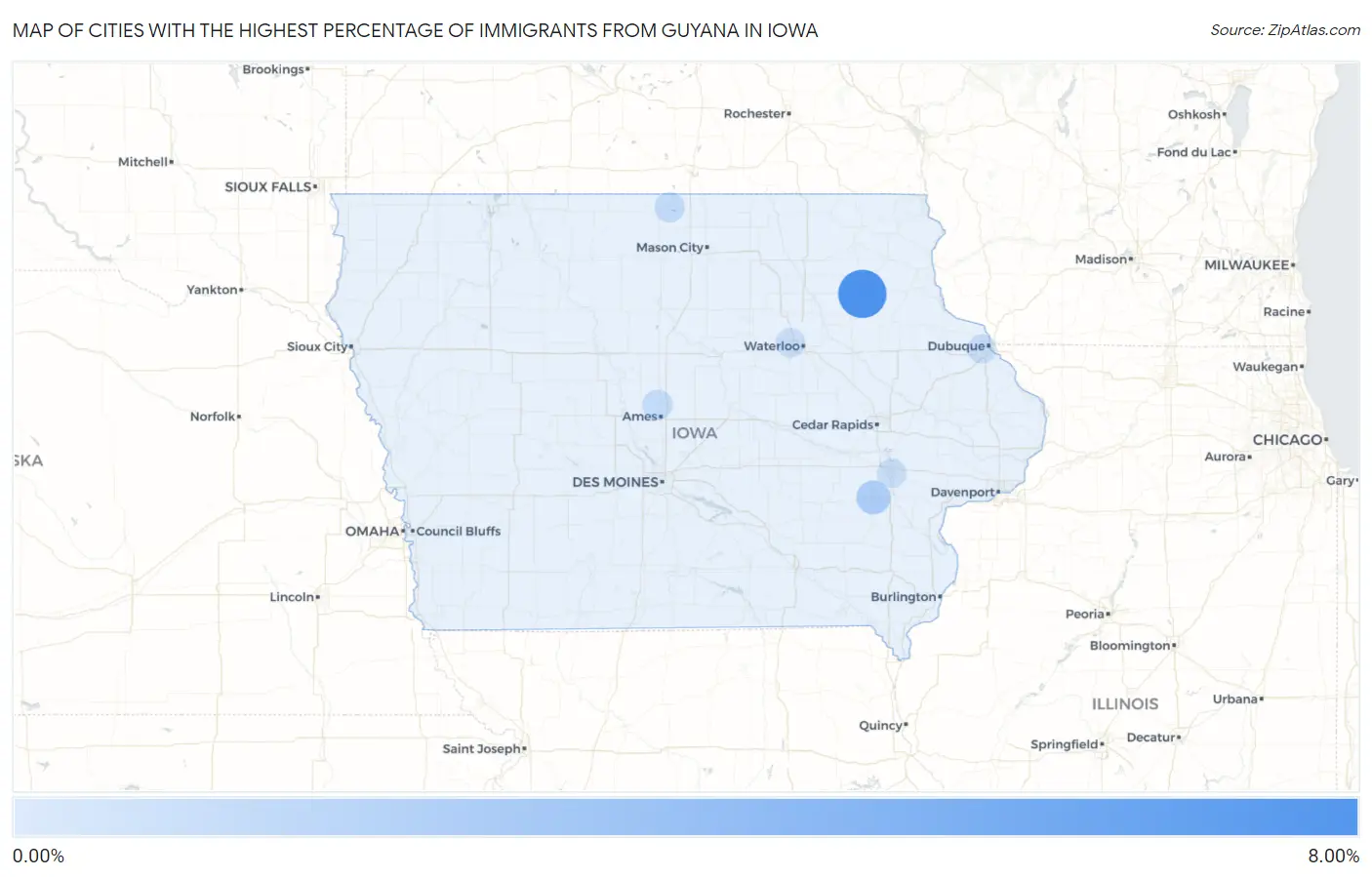 Cities with the Highest Percentage of Immigrants from Guyana in Iowa Map