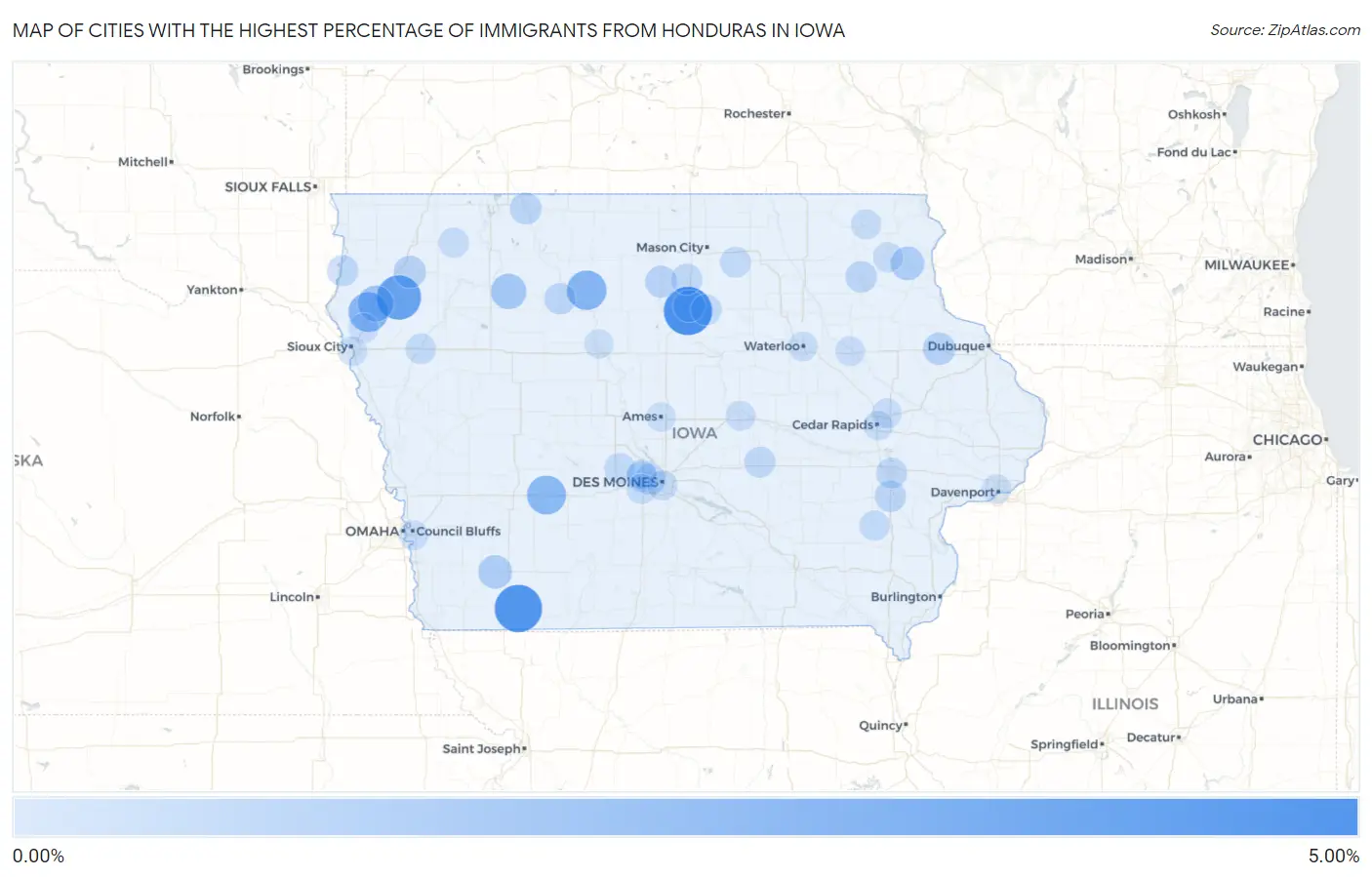 Cities with the Highest Percentage of Immigrants from Honduras in Iowa Map