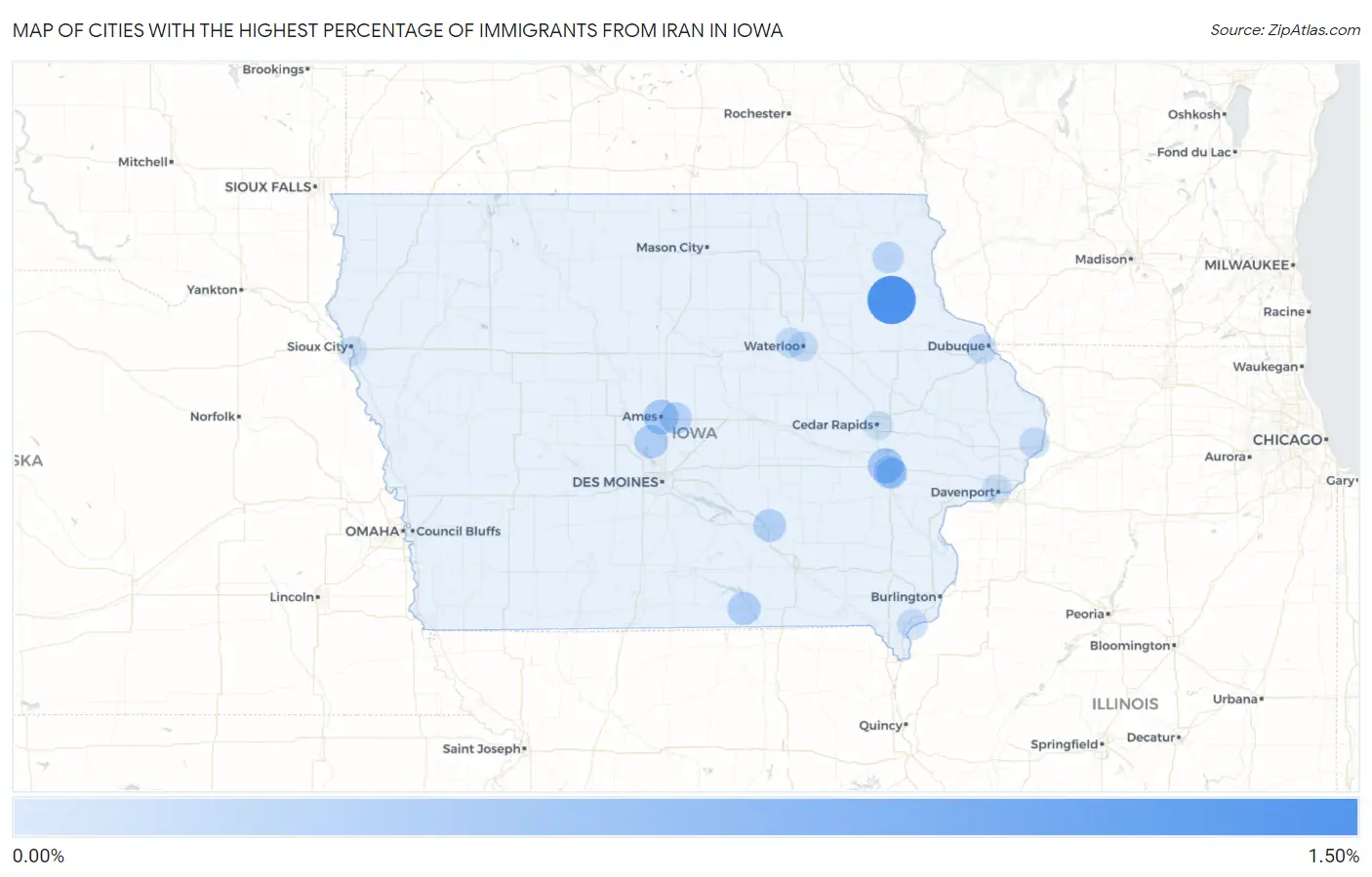 Cities with the Highest Percentage of Immigrants from Iran in Iowa Map