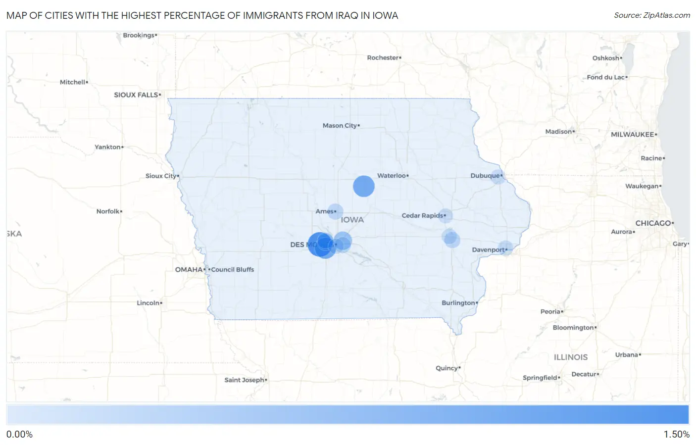Cities with the Highest Percentage of Immigrants from Iraq in Iowa Map