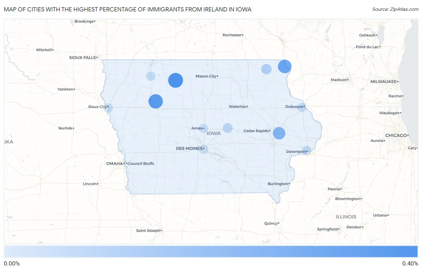 Cities with the Highest Percentage of Immigrants from Ireland in Iowa Map
