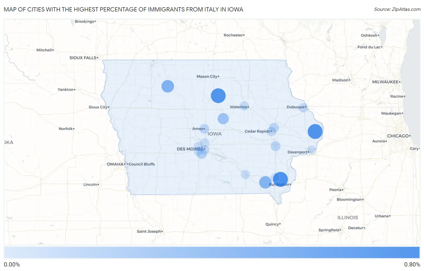 Cities with the Highest Percentage of Immigrants from Italy in Iowa Map