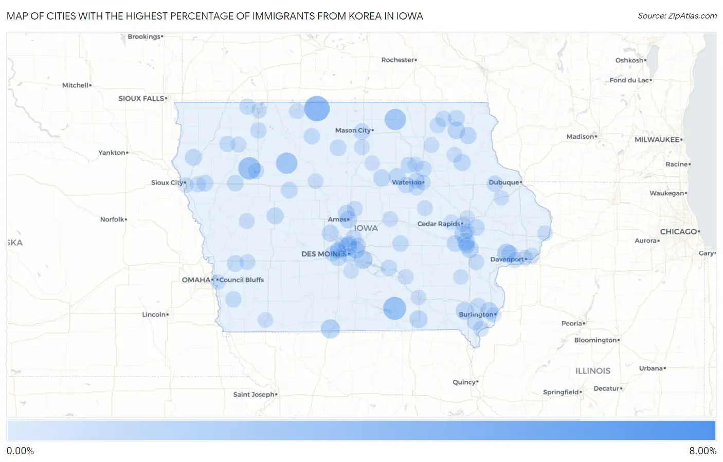 Cities with the Highest Percentage of Immigrants from Korea in Iowa Map