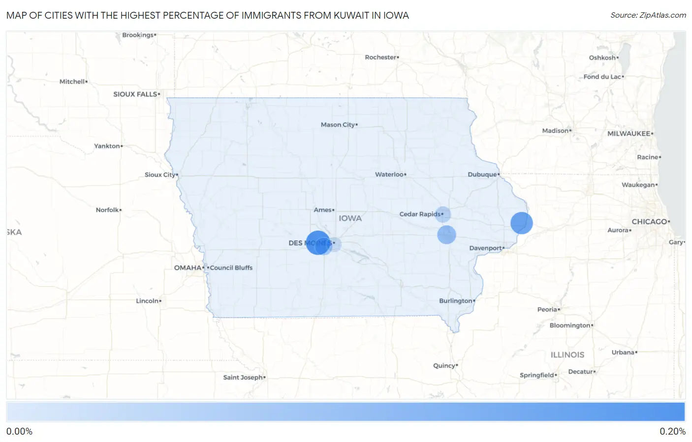 Cities with the Highest Percentage of Immigrants from Kuwait in Iowa Map