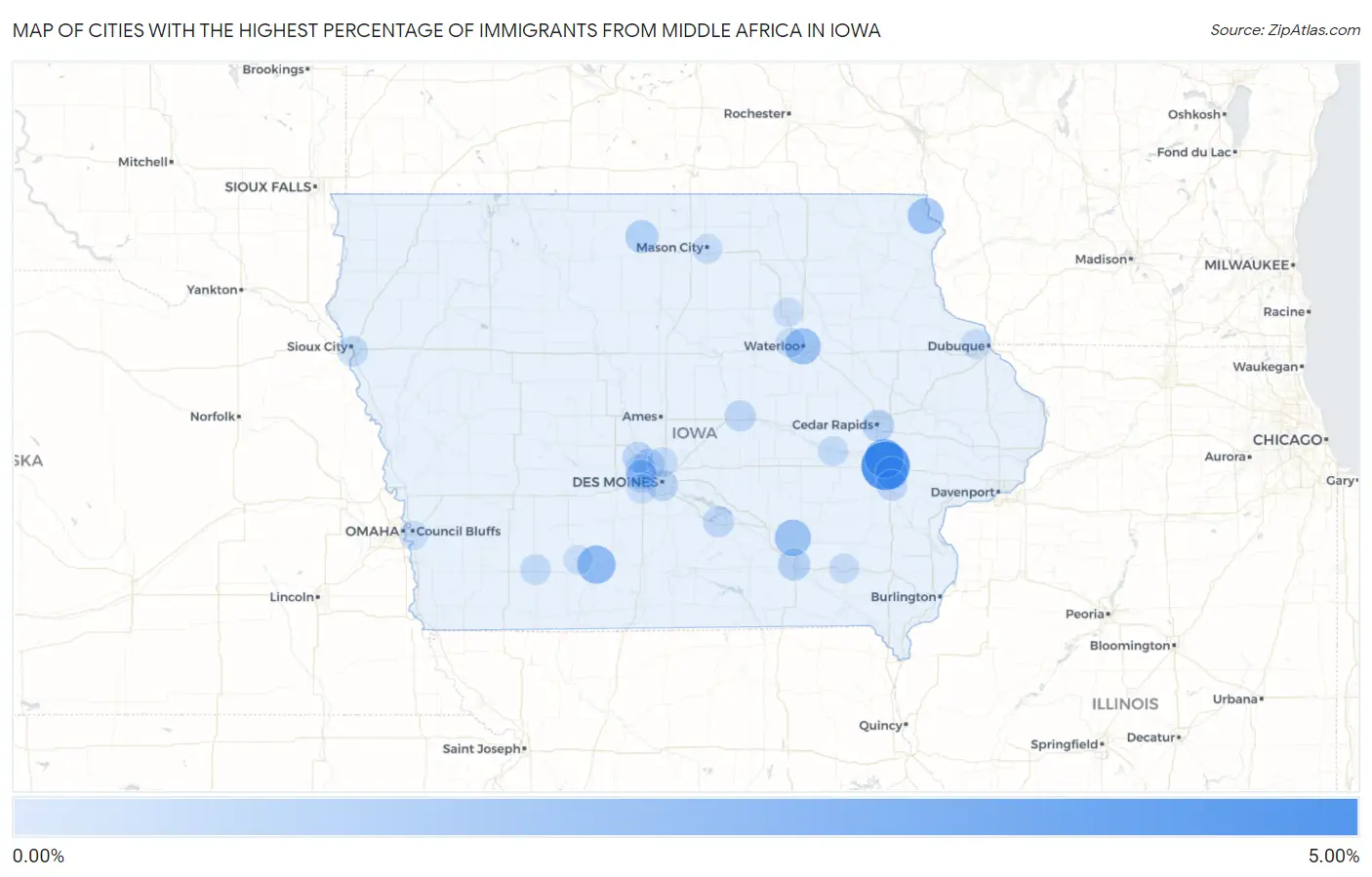 Cities with the Highest Percentage of Immigrants from Middle Africa in Iowa Map