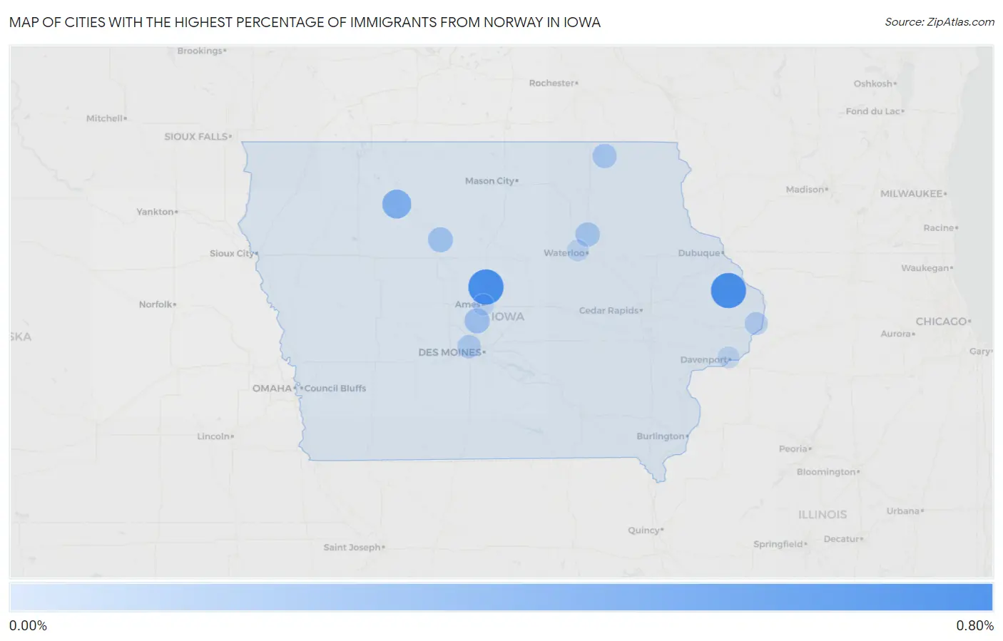 Cities with the Highest Percentage of Immigrants from Norway in Iowa Map