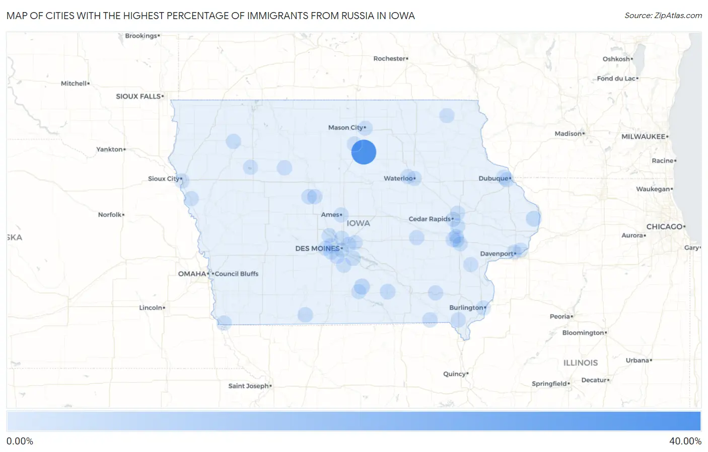 Cities with the Highest Percentage of Immigrants from Russia in Iowa Map