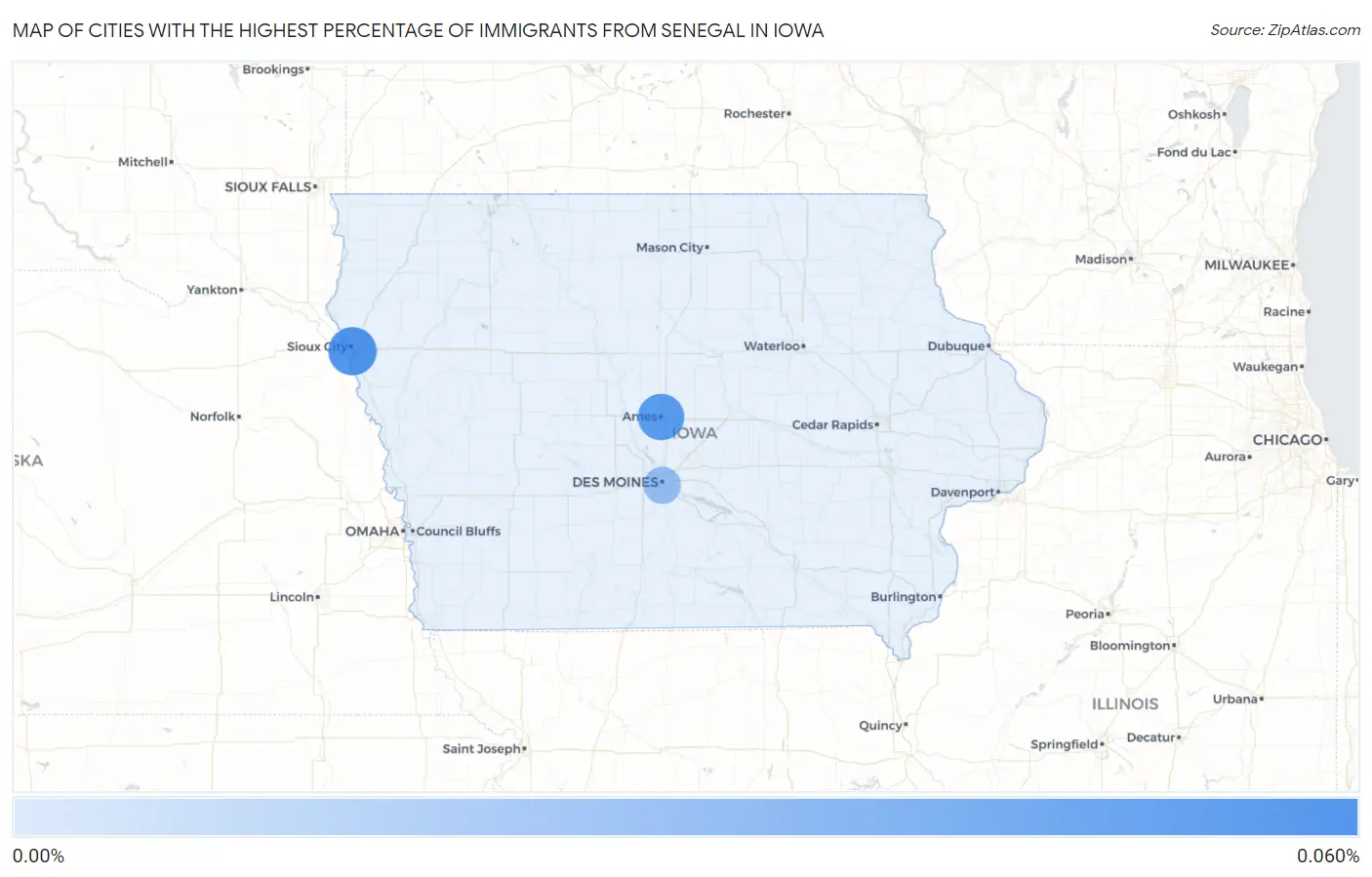 Cities with the Highest Percentage of Immigrants from Senegal in Iowa Map