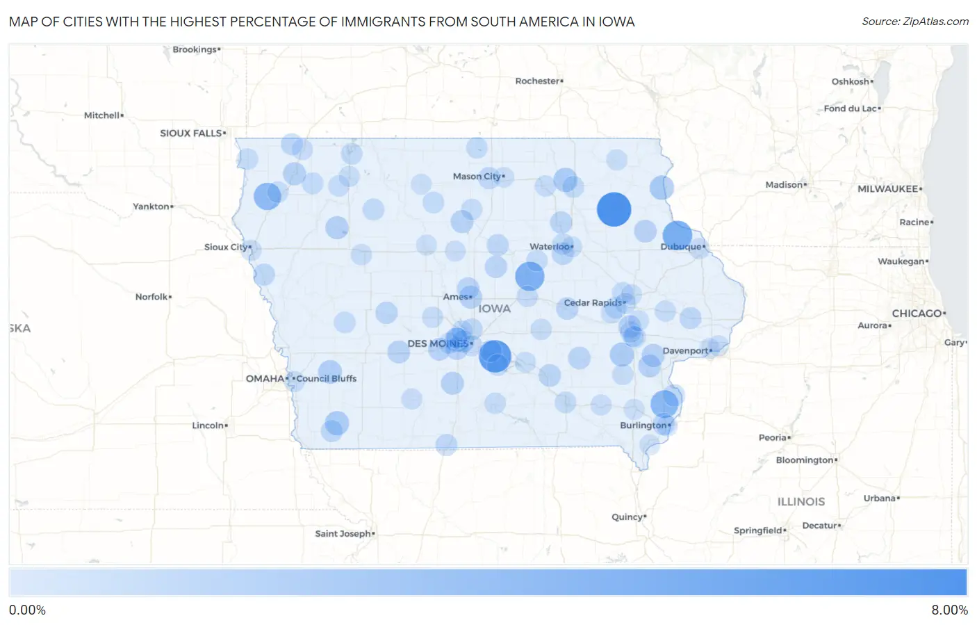 Cities with the Highest Percentage of Immigrants from South America in Iowa Map