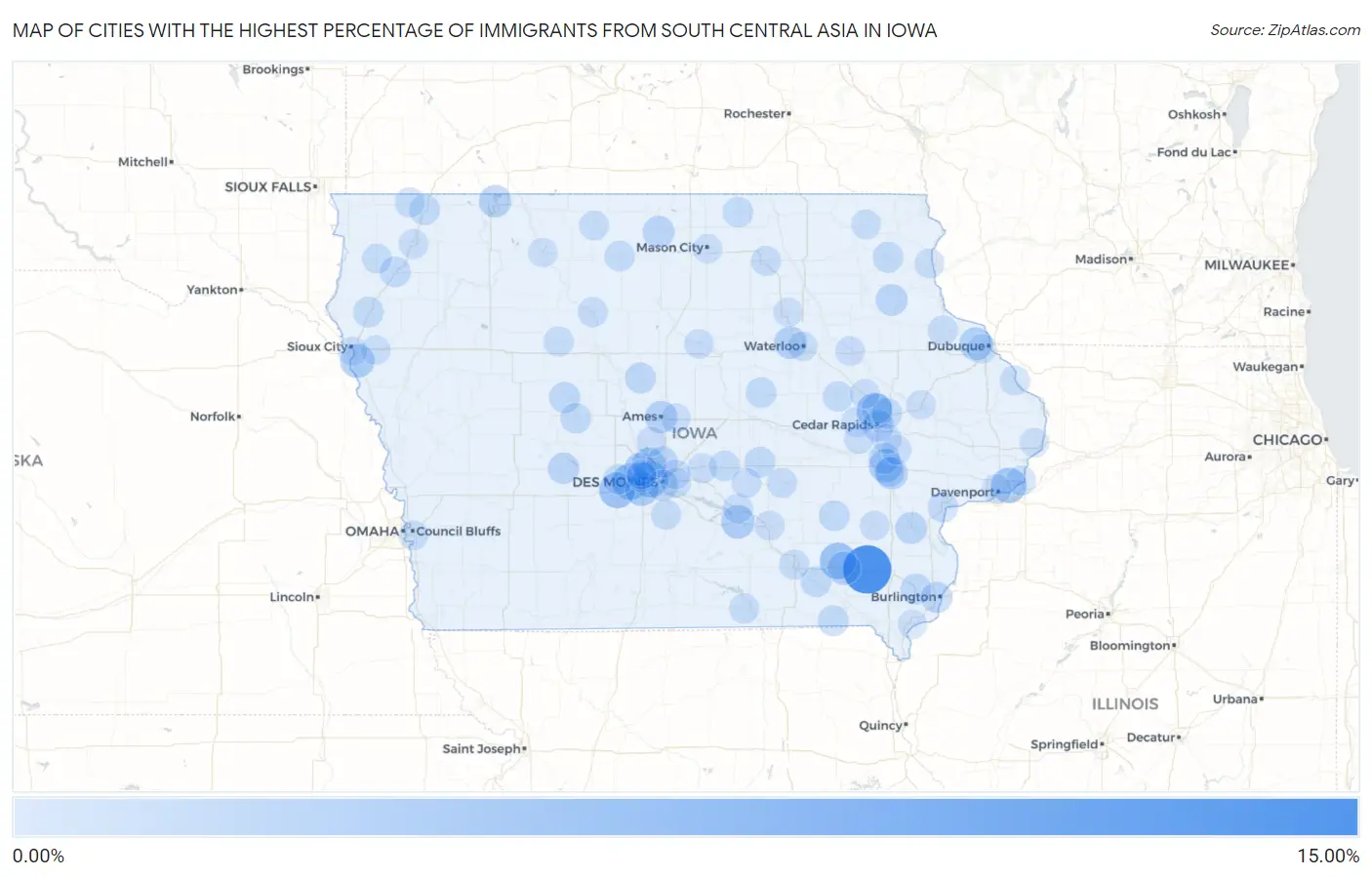 Cities with the Highest Percentage of Immigrants from South Central Asia in Iowa Map