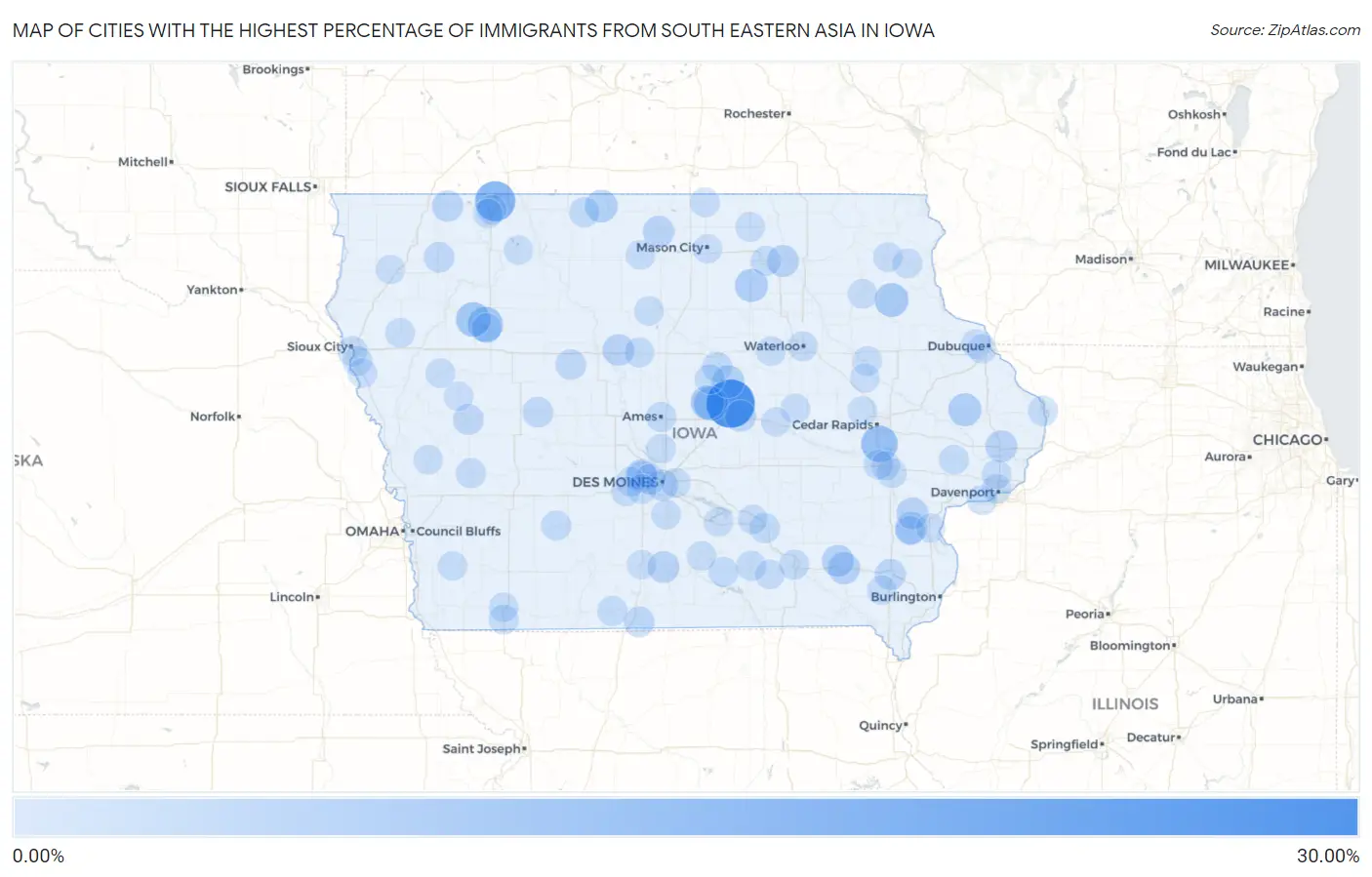 Cities with the Highest Percentage of Immigrants from South Eastern Asia in Iowa Map