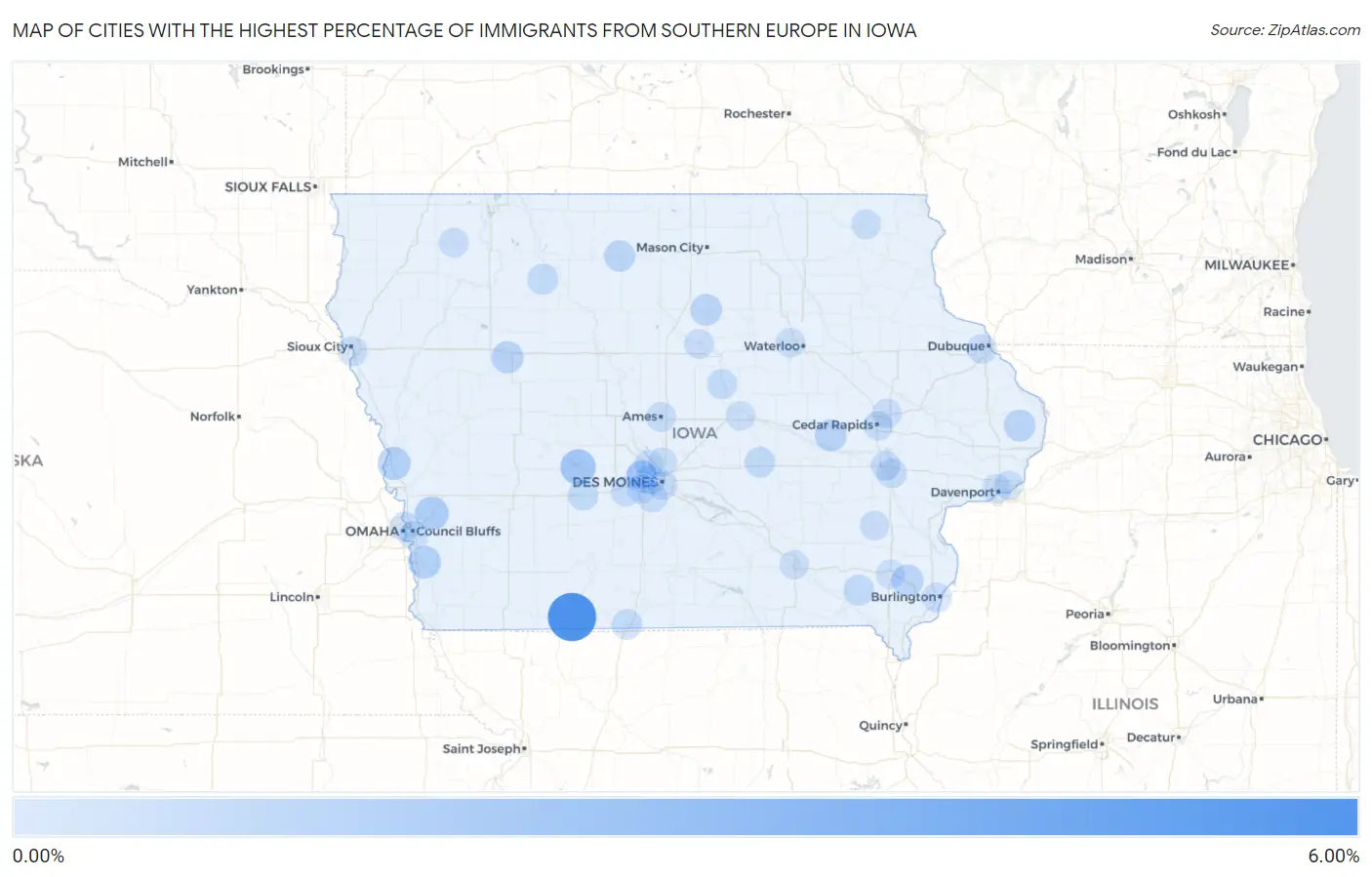 Cities with the Highest Percentage of Immigrants from Southern Europe in Iowa Map