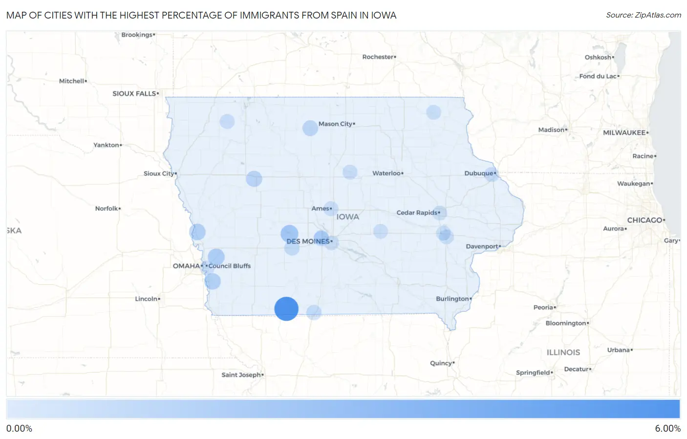 Cities with the Highest Percentage of Immigrants from Spain in Iowa Map