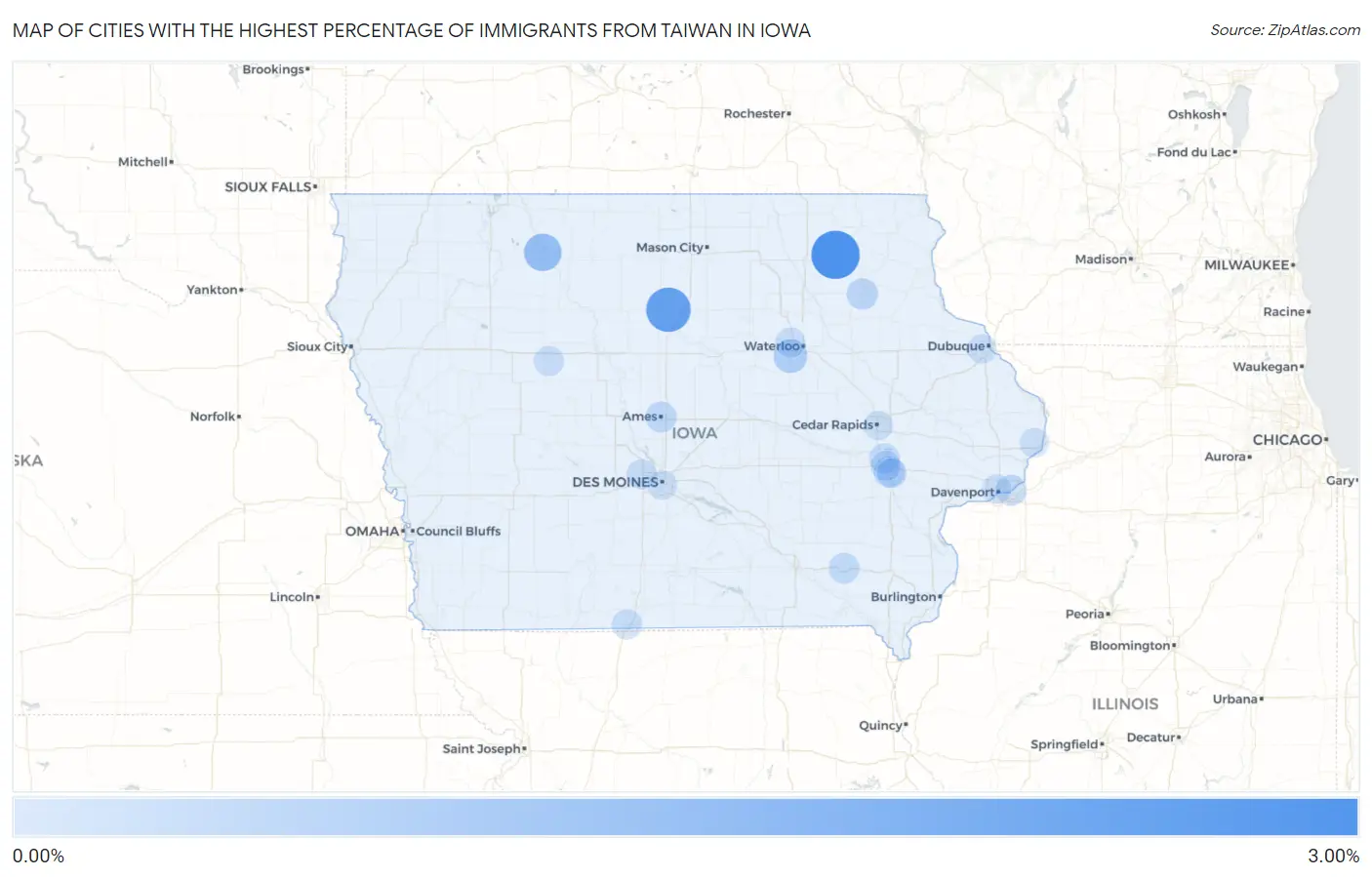 Cities with the Highest Percentage of Immigrants from Taiwan in Iowa Map